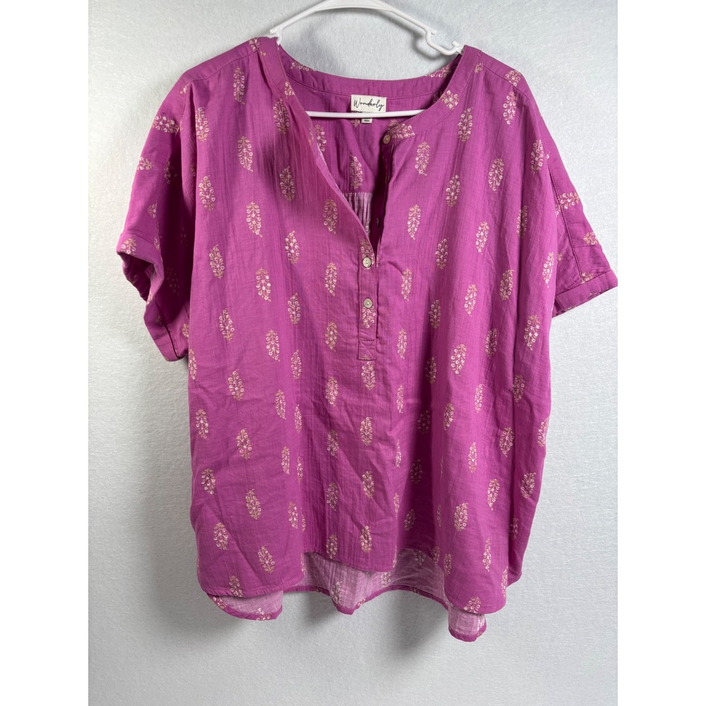 Wonderly Blouse Womens XXL Pink Cotton Floral Henley Short Sleeve Boho Tunic Top